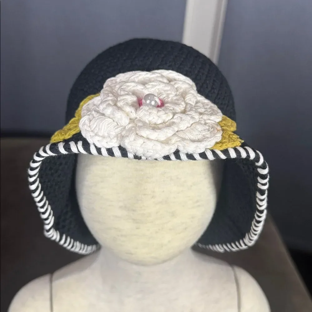 Daisy Baby Black Crocheted Sun Hat Layered Flower 100% Cotton 2-8 years NEW